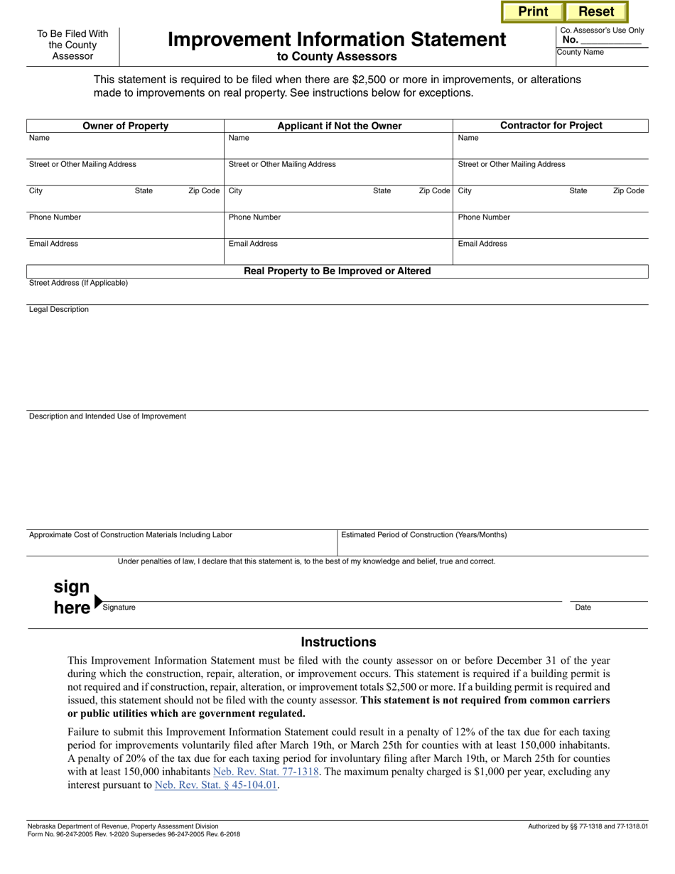 Form 96-247-2005 Improvement Information Statement to County Assessors - Nebraska, Page 1