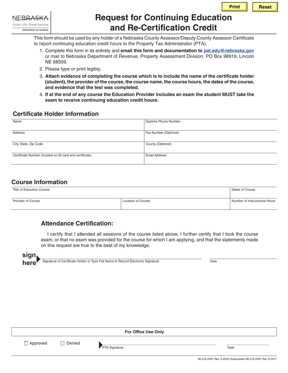 Request for Continuing Education and Re-certification Credit - Nebraska, Page 1