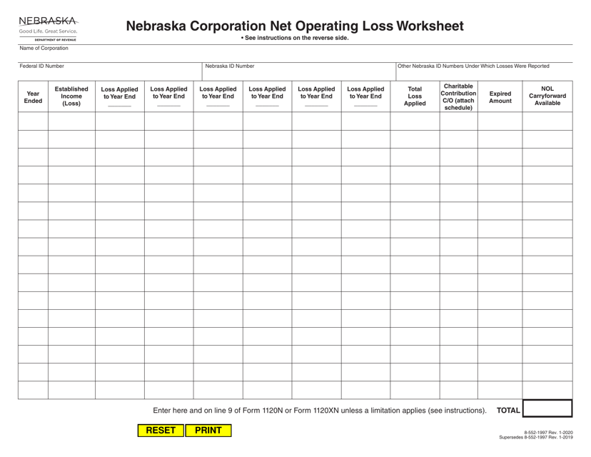 Nebraska Corporation Net Operating Loss Worksheet - Nebraska Download Pdf