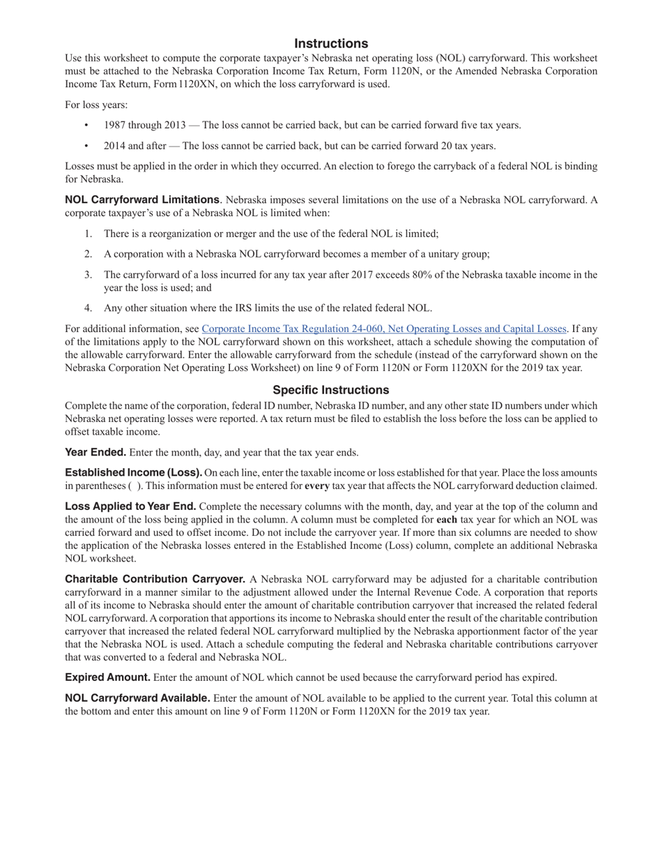 Nebraska Corporation Net Operating Loss Worksheet - Nebraska, Page 2
