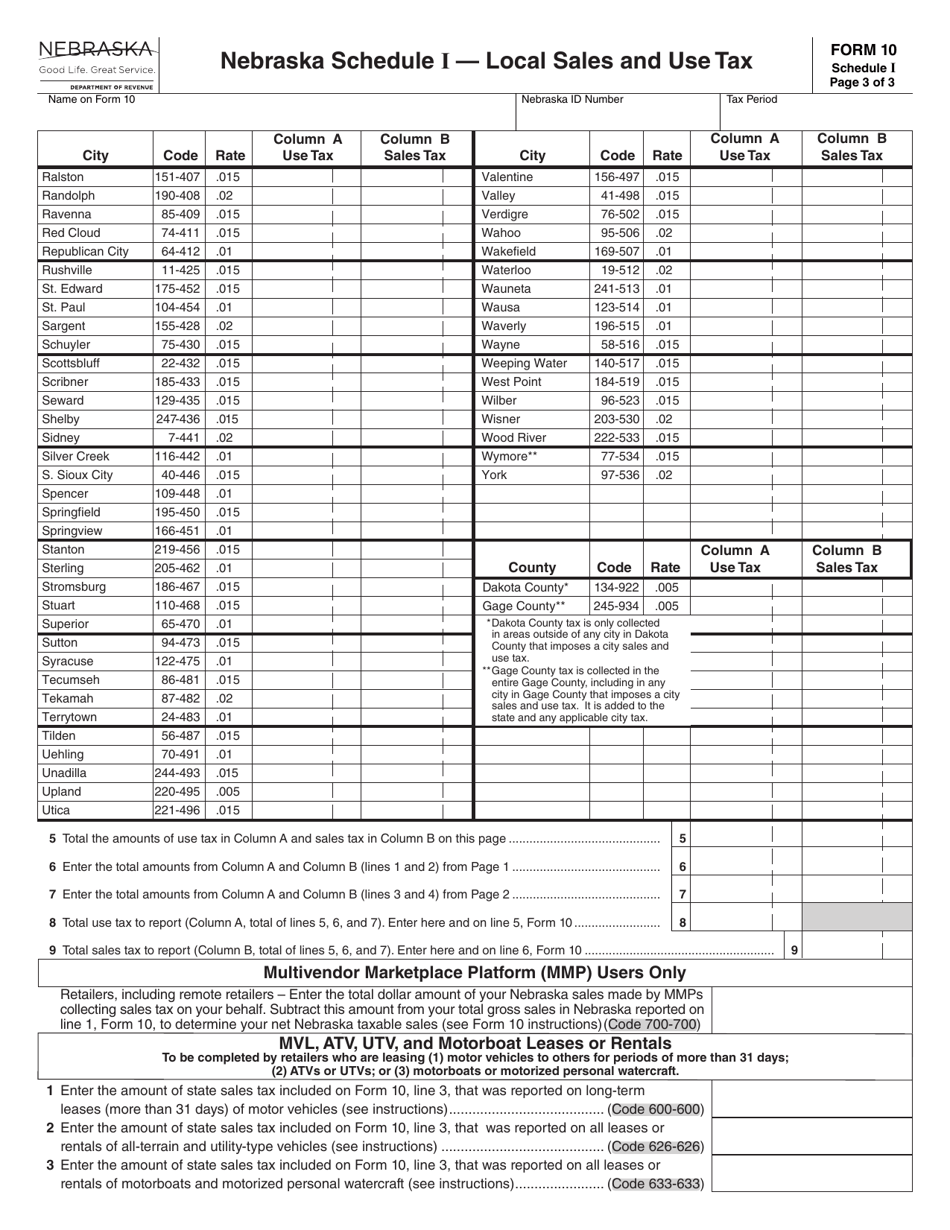 Form 10 Schedule I Local Sales and Use Tax - Nebraska, Page 3