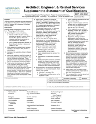 NDOT Form 498 Architect, Engineer, &amp; Related Services Supplement to Statement of Qualifications - Nebraska