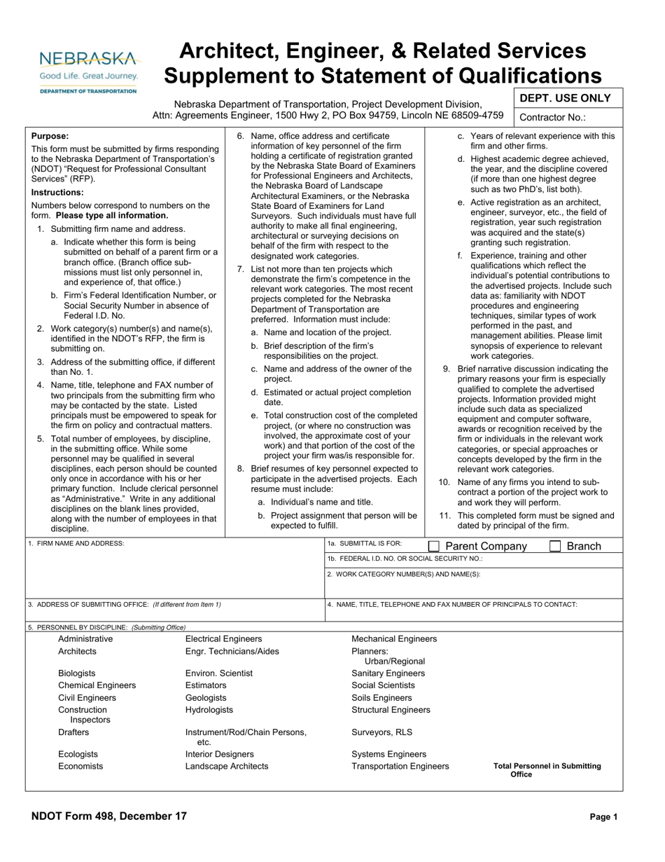 NDOT Form 498 Architect, Engineer,  Related Services Supplement to Statement of Qualifications - Nebraska, Page 1