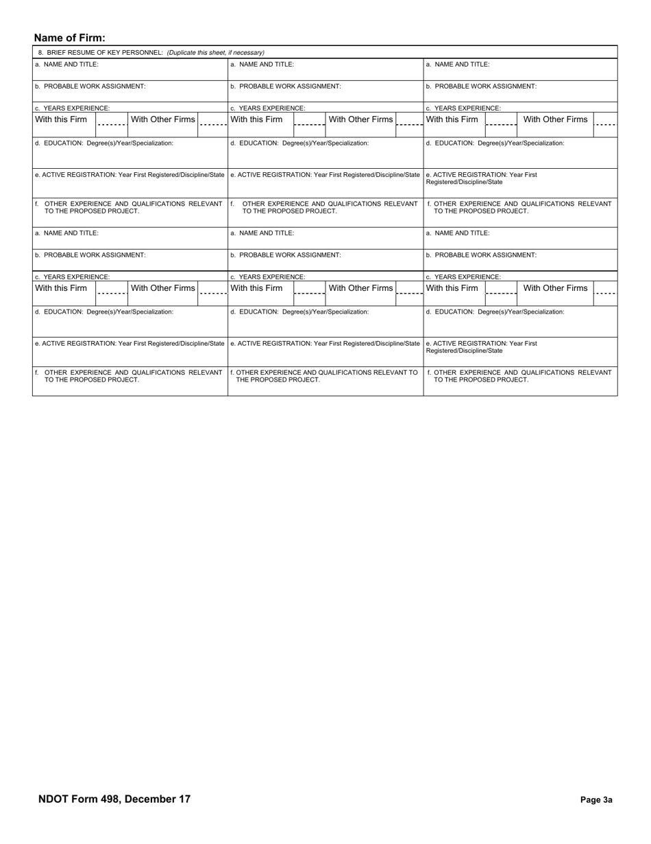 NDOT Form 498 Architect, Engineer,  Related Services Supplement to Statement of Qualifications - Nebraska, Page 4