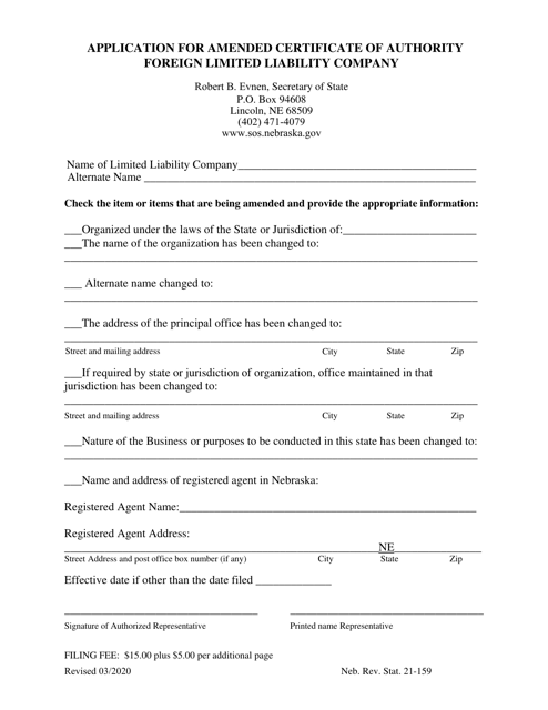 Application for Amended Certificate of Authority Foreign Limited Liability Company - Nebraska Download Pdf