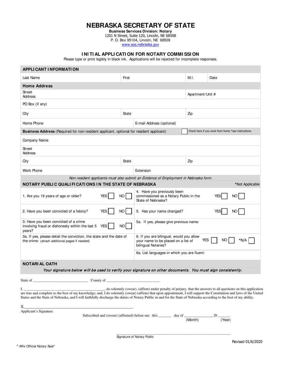 Initial Application for Notary Commission - Nebraska, Page 1