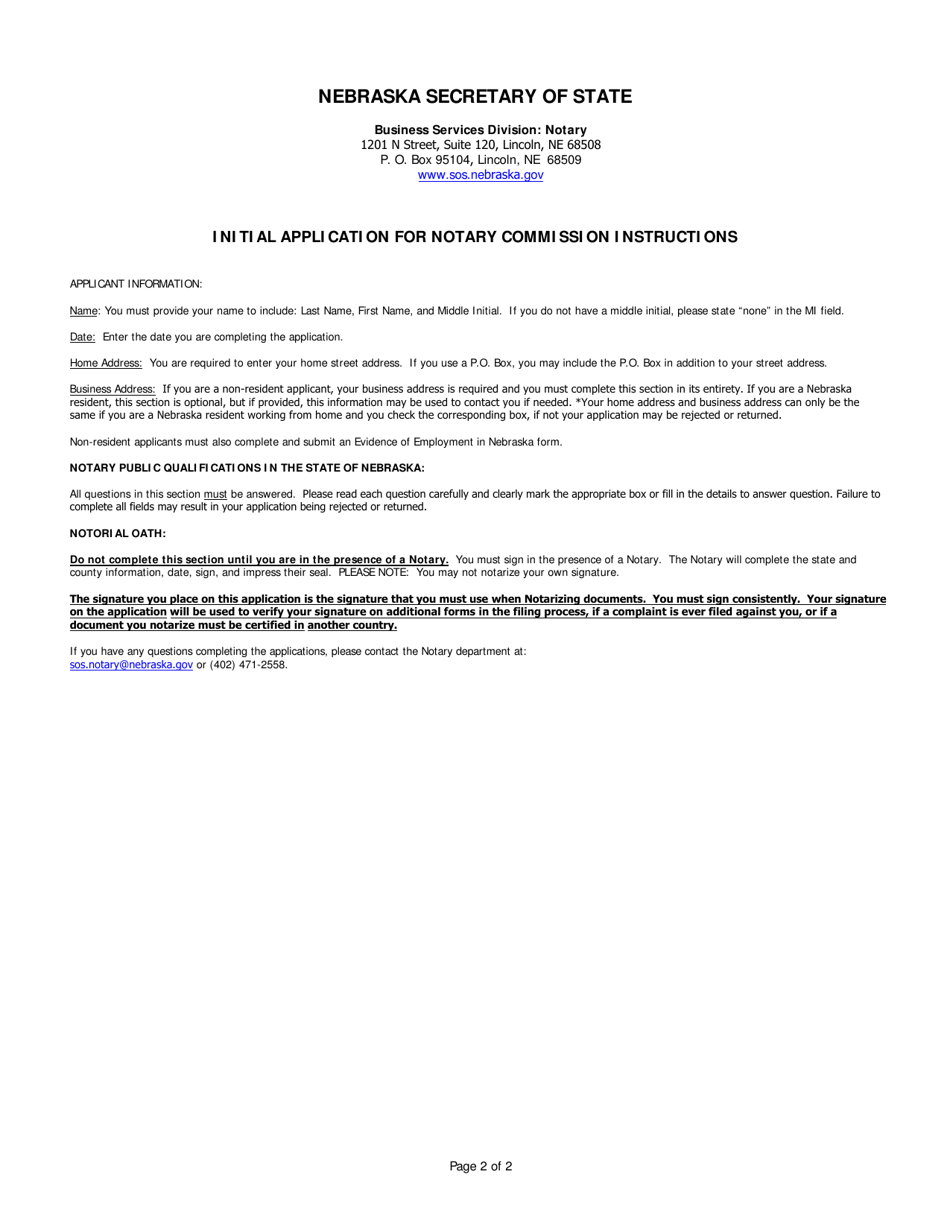 Initial Application for Notary Commission - Nebraska, Page 2