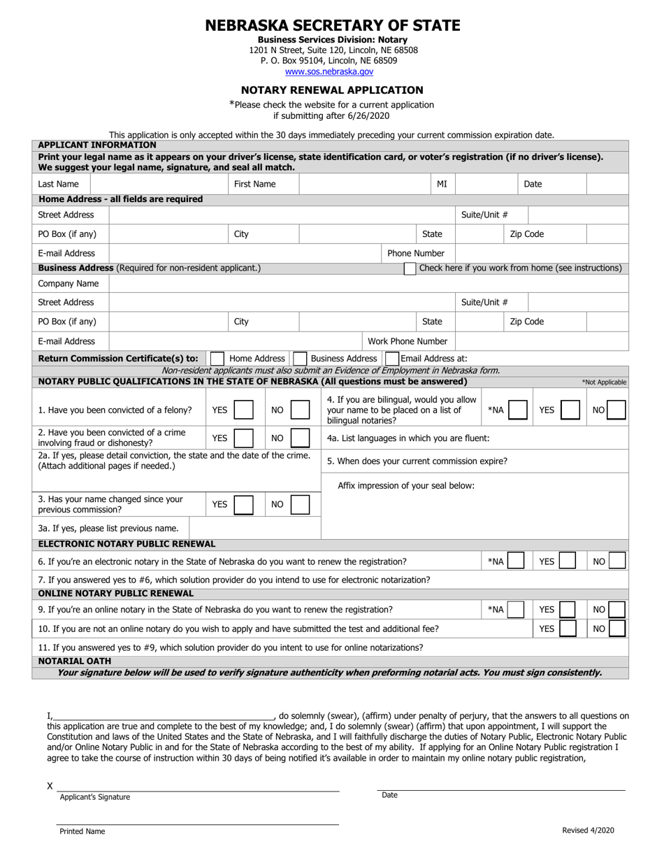 Notary Renewal Application - Nebraska, Page 1