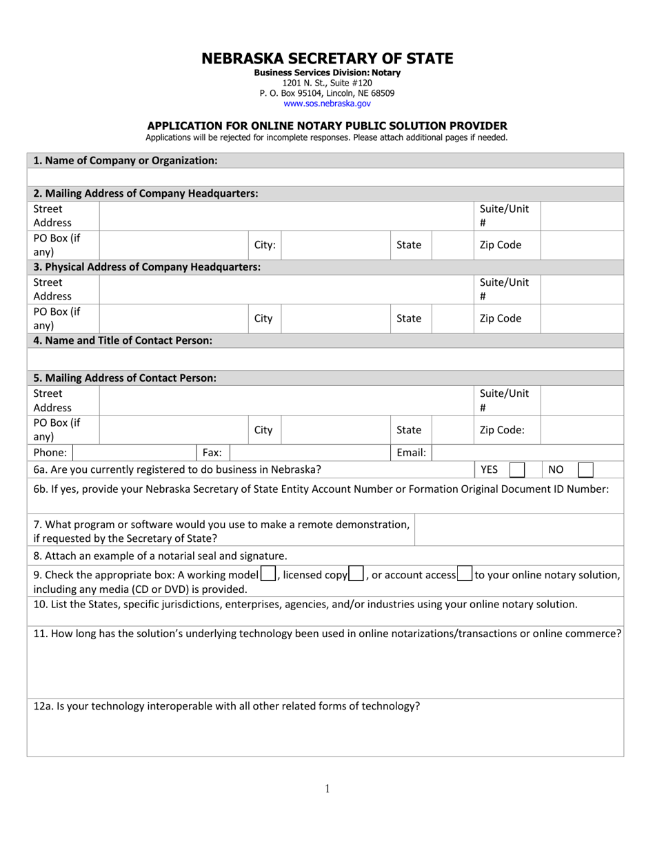 Nebraska Application for Online Notary Public Solution Provider Fill