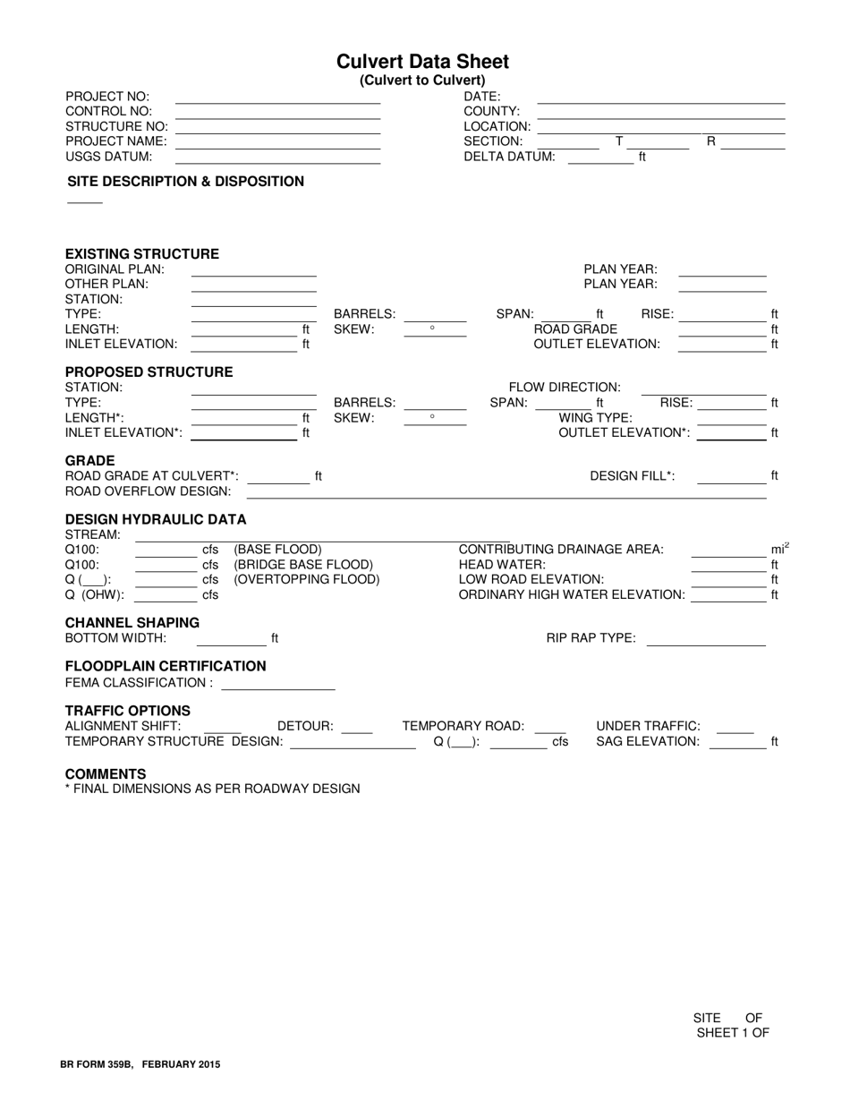 BR Form 359B Culvert Data Sheet - Nebraska, Page 1