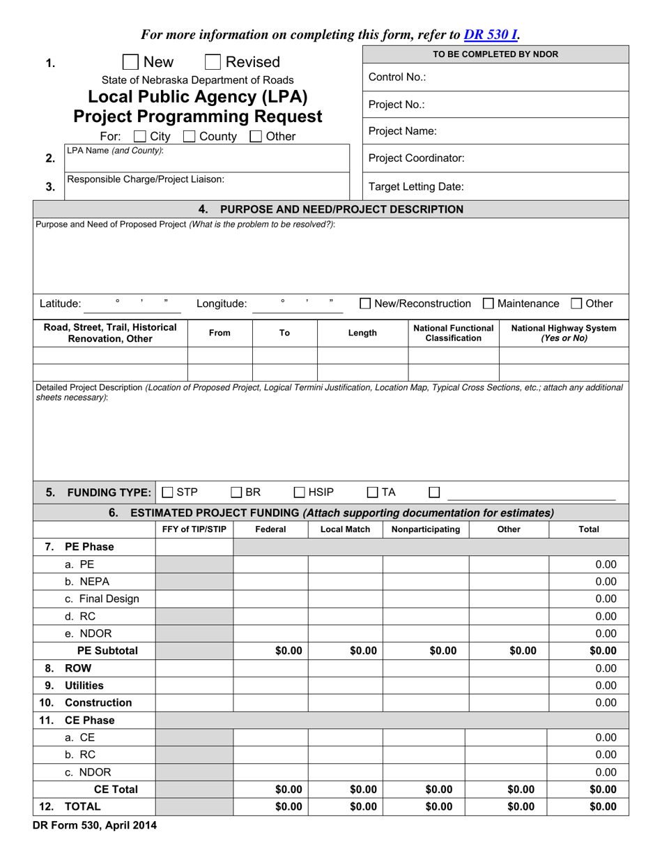 DR Form 530 Local Public Agency (Lpa) Project Programming Request - Nebraska, Page 1