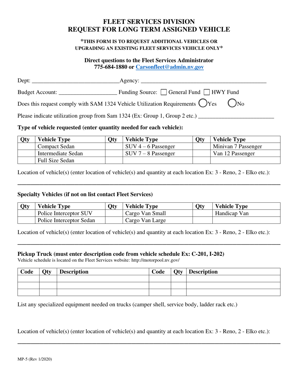 Form MP-5 Request for Long Term Assigned Vehicle - Nevada, Page 1