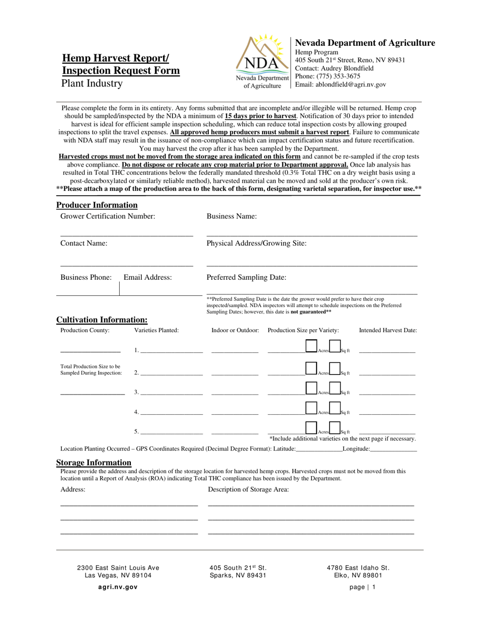 Hemp Harvest Report / Inspection Request Form - Nevada, Page 1