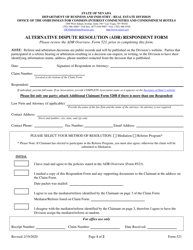 Form 521 &quot;Alternative Dispute Resolution (Adr) Respondent Form&quot; - Nevada