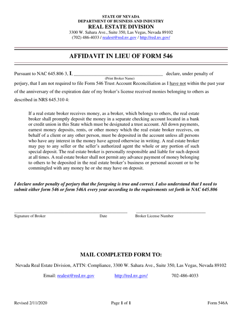 Form 546A Affidavit in Lieu of Form 546 - Nevada