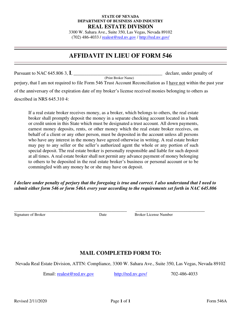 Form 546A Affidavit in Lieu of Form 546 - Nevada, Page 1
