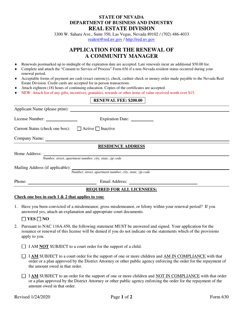 Form 630 Application for the Renewal of a Community Manager - Nevada, Page 1