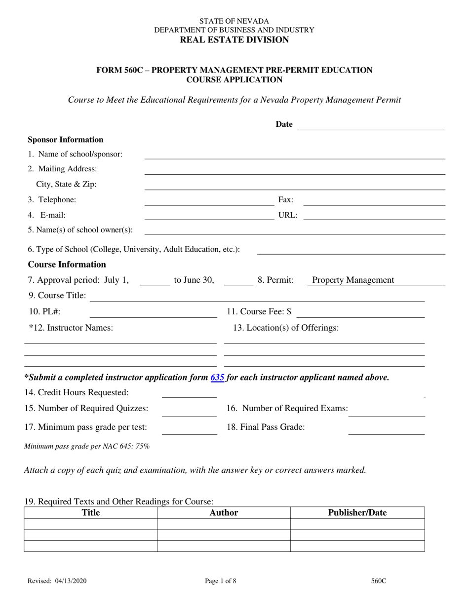 Form 560C Property Management Pre-permit Education Course Application - Nevada, Page 1