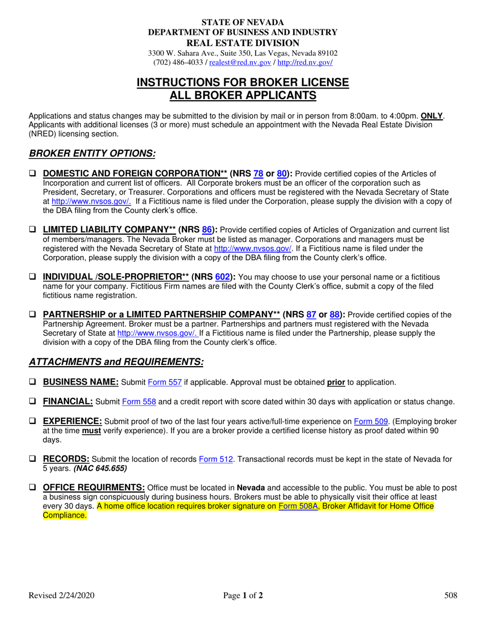 Form 508 Instructions for Broker License / All Broker Applicants - Nevada, Page 1