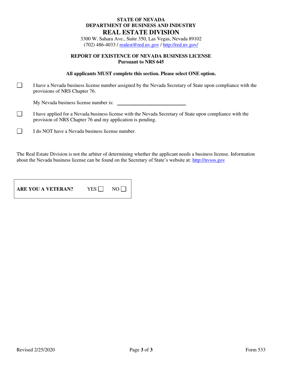 Form 533 Dual License Application - Nevada, Page 3