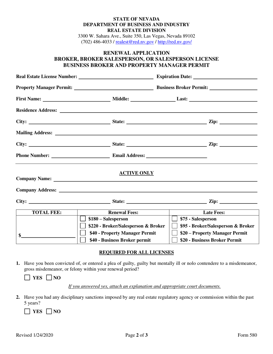 Form 580 Renewal Application - Broker, Broker Salesperson, or Salesperson License - Business Broker and Property Manager Permit - Nevada, Page 2