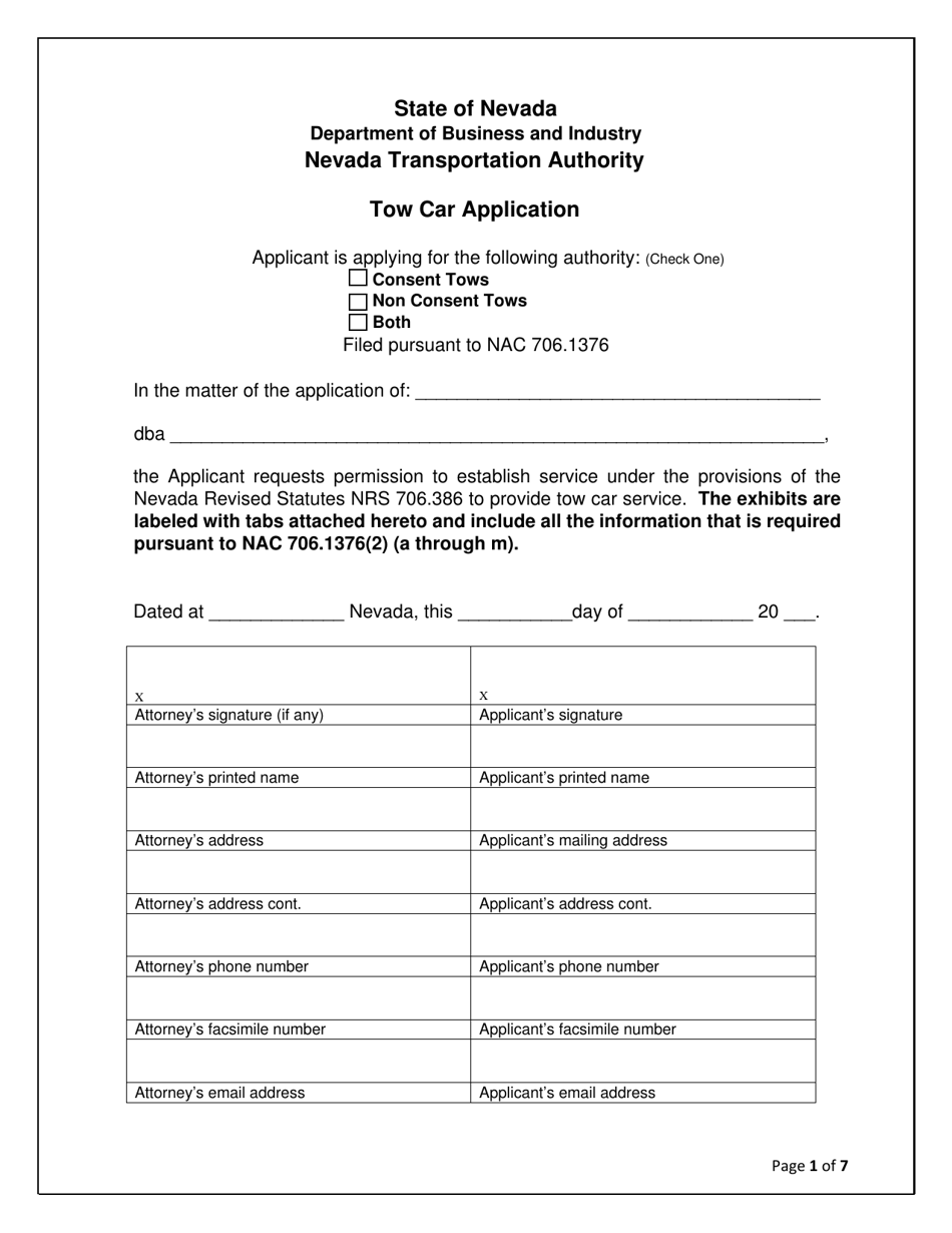 Nevada Tow Car Application Fill Out, Sign Online and Download PDF