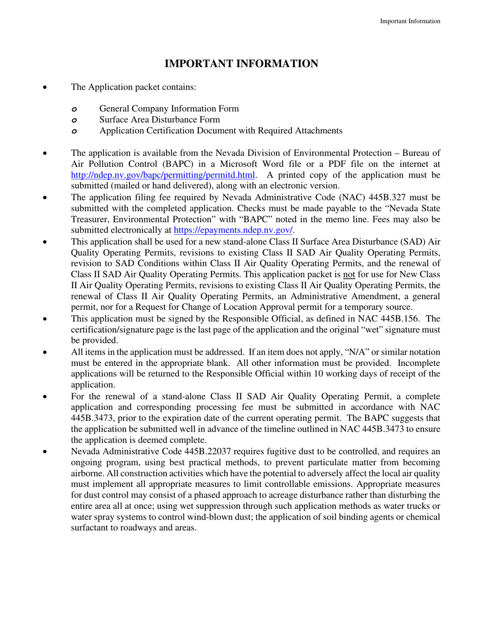 Class II Air Quality Operating Permit Application Form - Surface Area Disturbance (Sad) - Nevada, Page 2