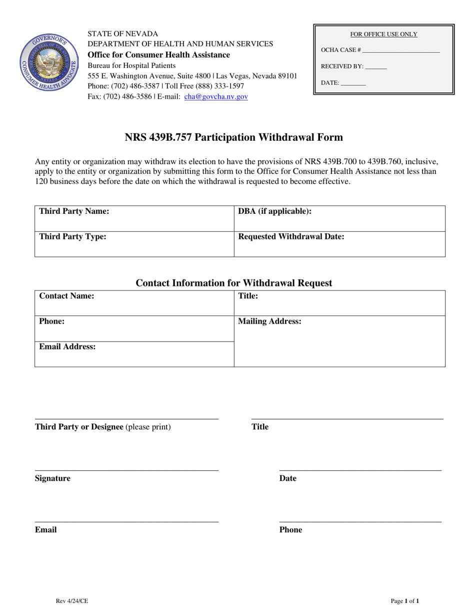 Nrs 439b.757 Participation Withdrawal Form - Nevada, Page 1