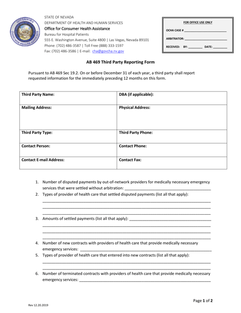 AB 469 Third Party Reporting Form - Nevada Download Pdf