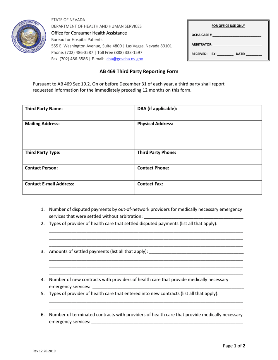 AB 469 Third Party Reporting Form - Nevada, Page 1