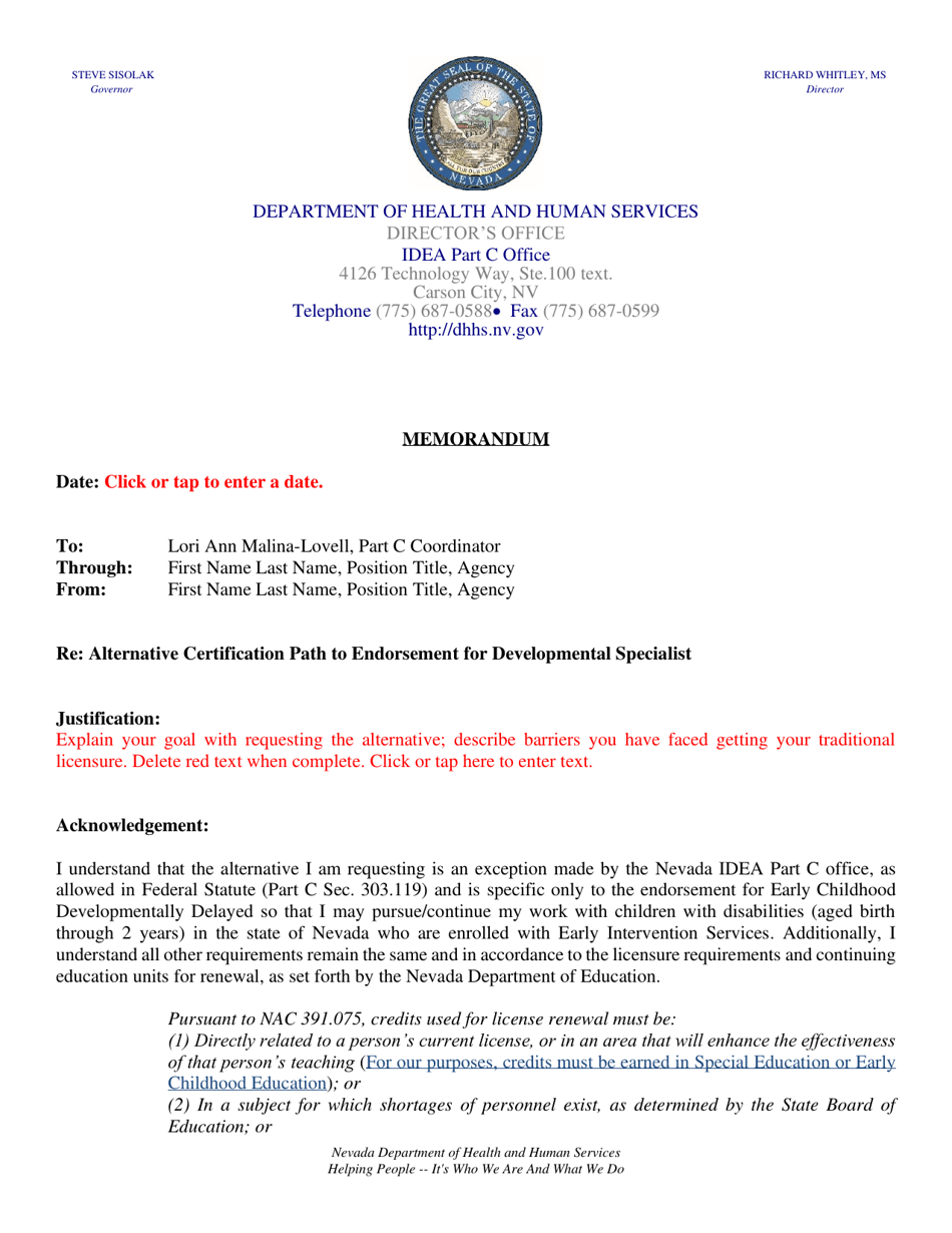 Part C Alternative Certification Request - Nevada, Page 1