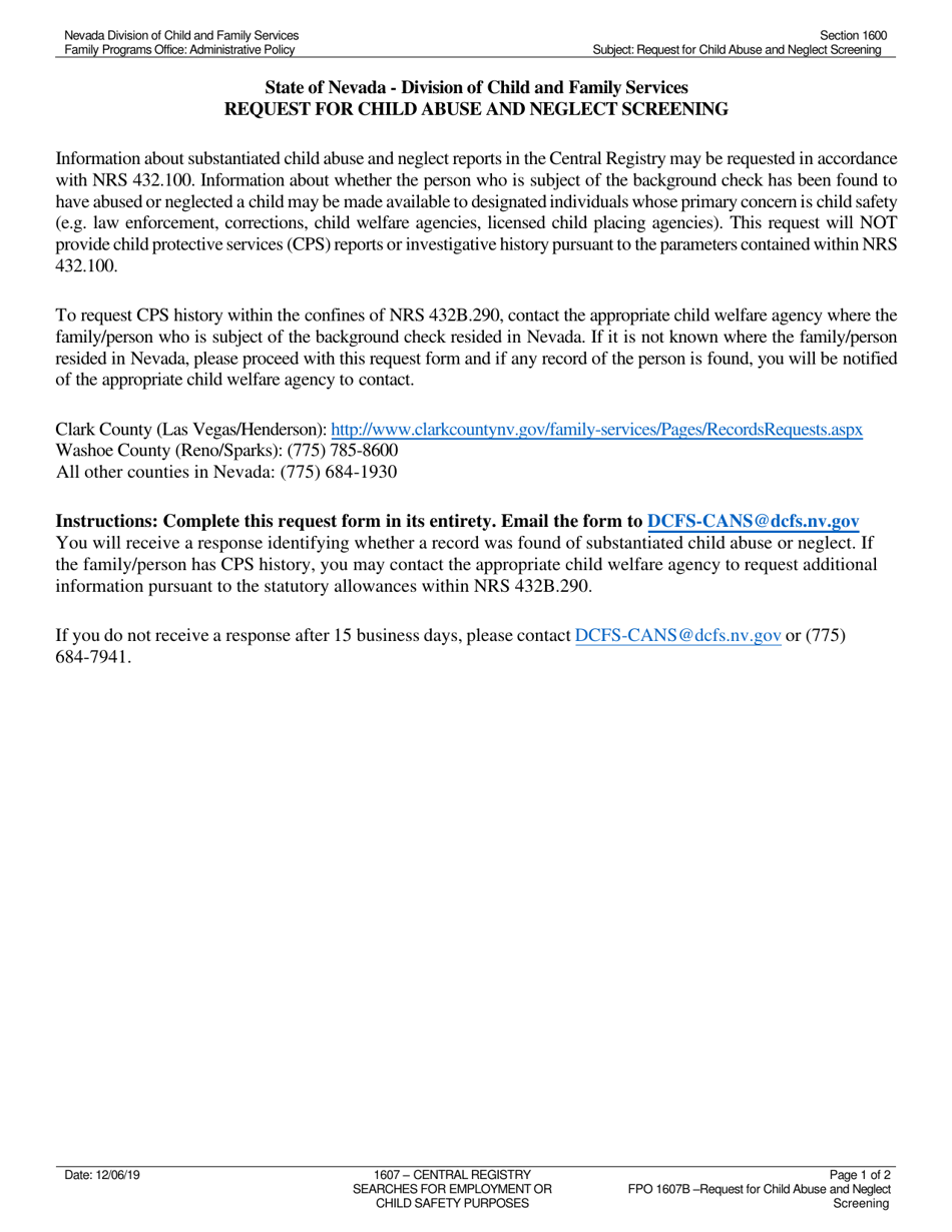 Nevada Request for Child Abuse and Neglect Screening Fill Out, Sign
