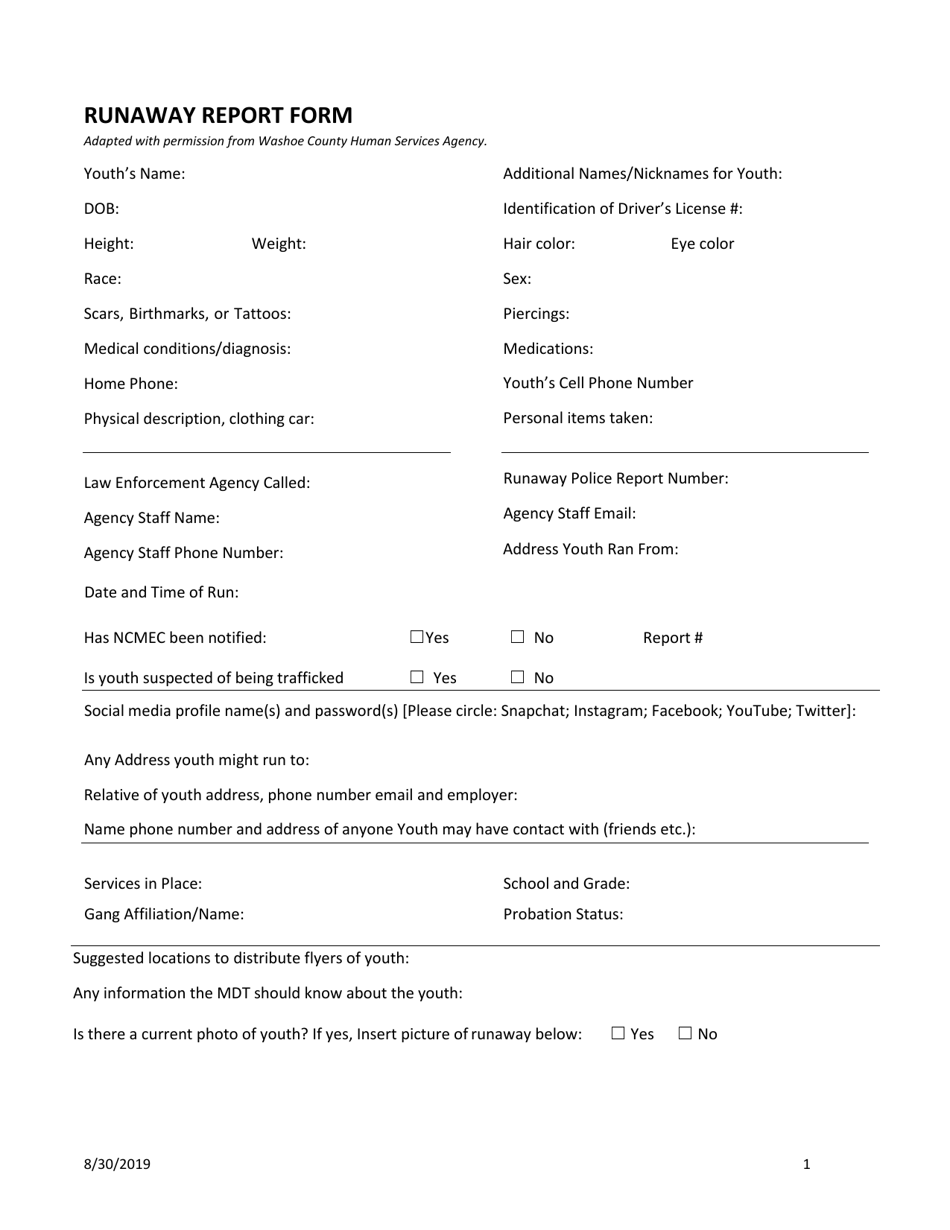 Runaway Report Form - Nevada, Page 1