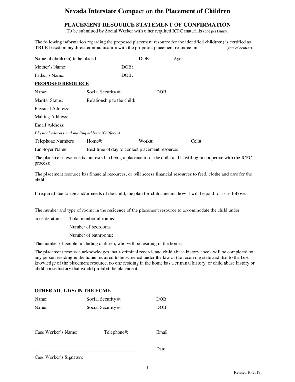 Placement Resource Statement of Confirmation - Nevada, Page 1