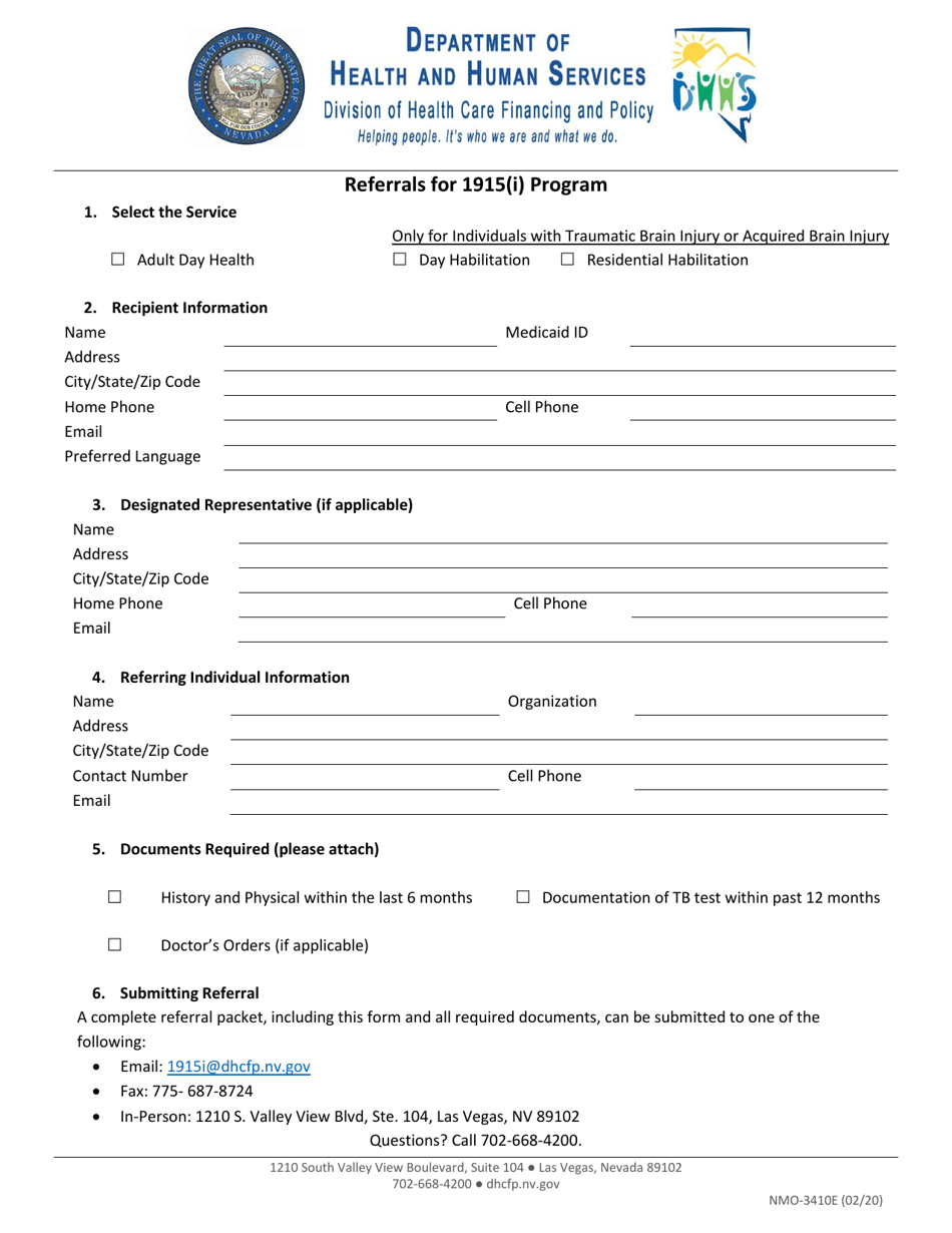 Form NMO-3410E Referrals for 1915(I) Program - Nevada, Page 1