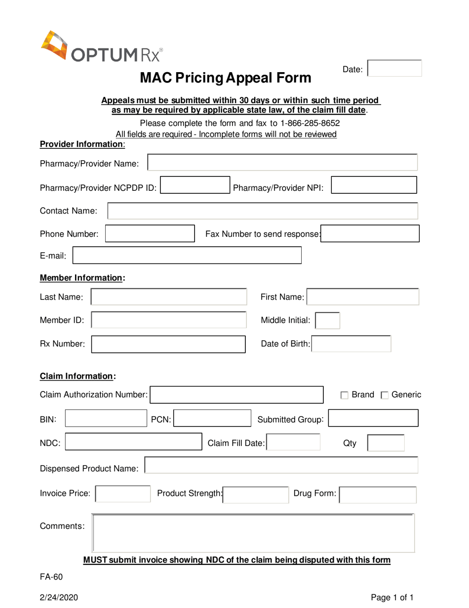 Form FA-60 Mac Pricing Appeal Form - Nevada, Page 1