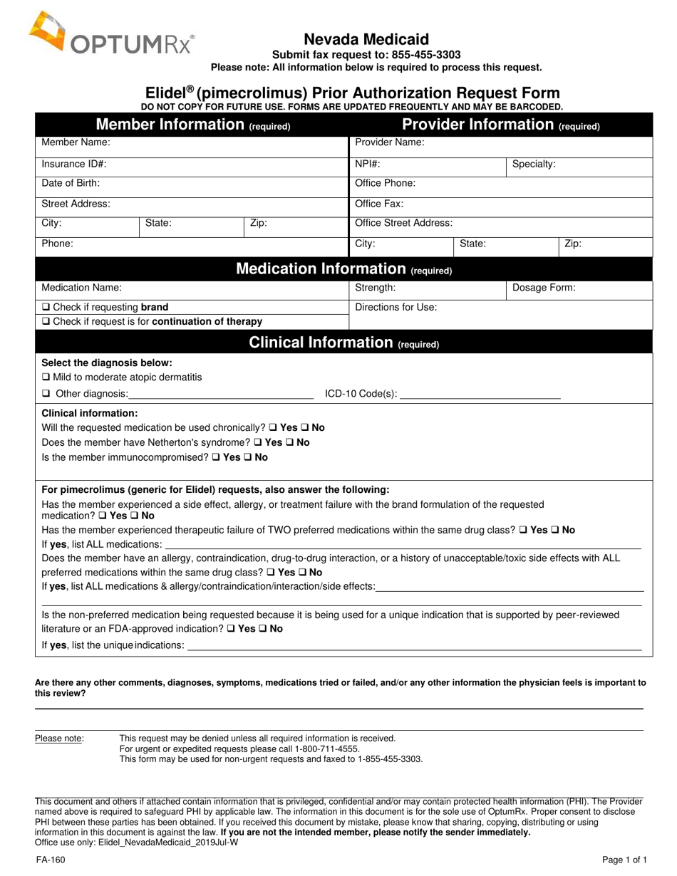 Form FA-160 Elidel (Pimecrolimus) Prior Authorization Request Form - Nevada, Page 1