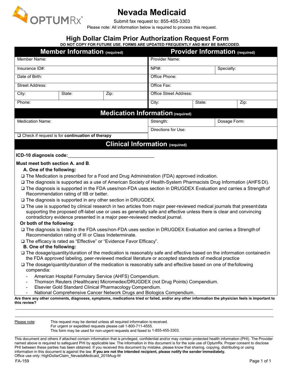 Form FA-159 High Dollar Claim Prior Authorization Request Form - Nevada, Page 1