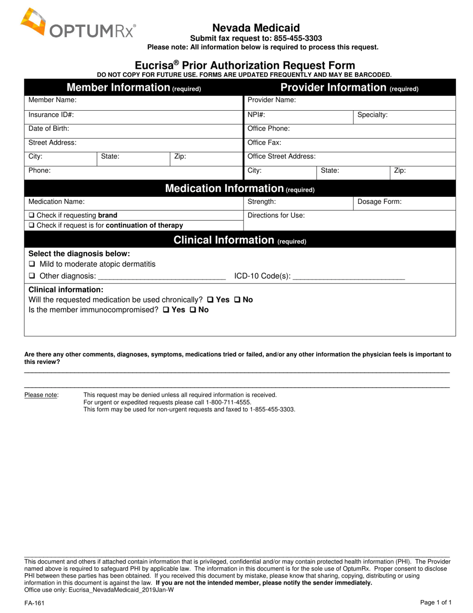 Form FA-161 Eucrisa Prior Authorization Request Form - Nevada, Page 1