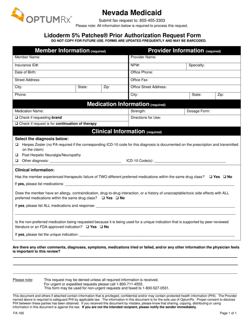 Form FA-165 Lidoderm 5% Patches Prior Authorization Request Form - Nevada