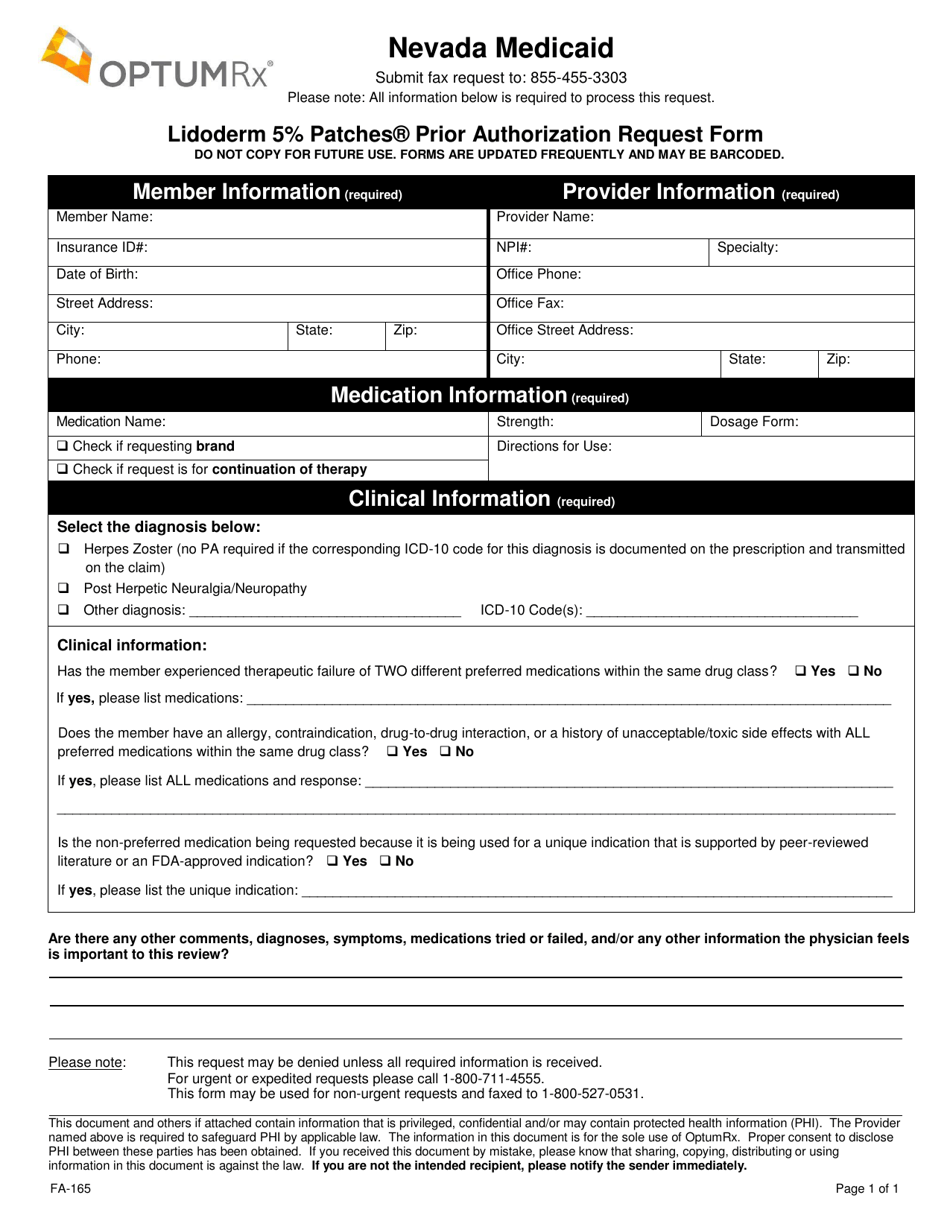 Form FA-165 Lidoderm 5% Patches Prior Authorization Request Form - Nevada, Page 1