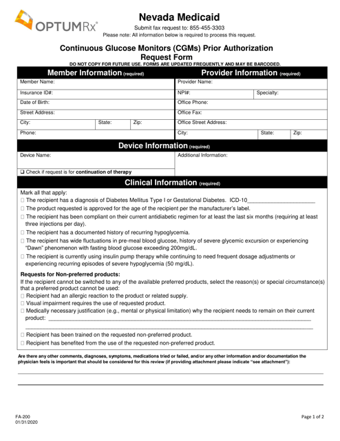 Form FA-200 Continuous Glucose Monitors (Cgms) Prior Authorization Request Form - Nevada