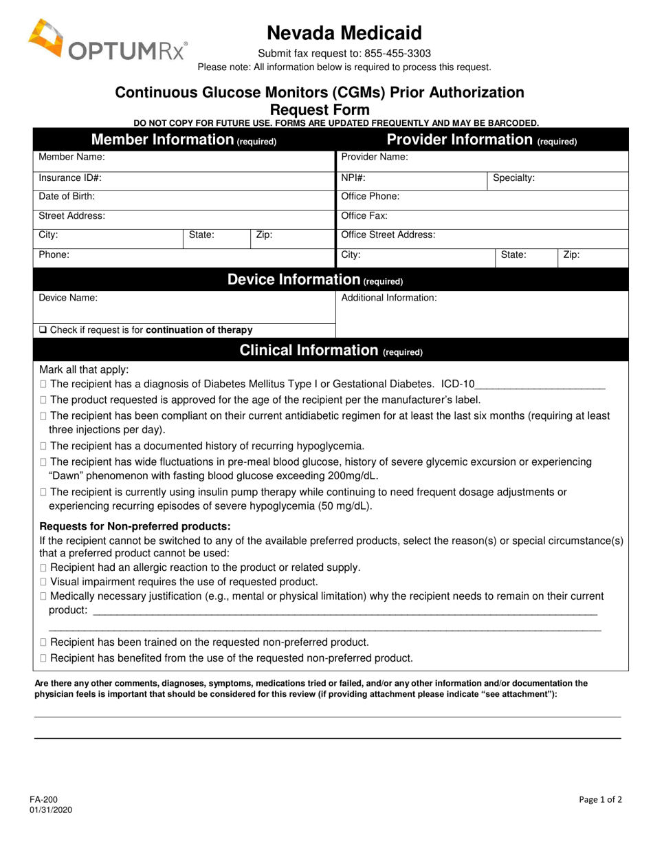 Form FA-200 Continuous Glucose Monitors (Cgms) Prior Authorization Request Form - Nevada, Page 1