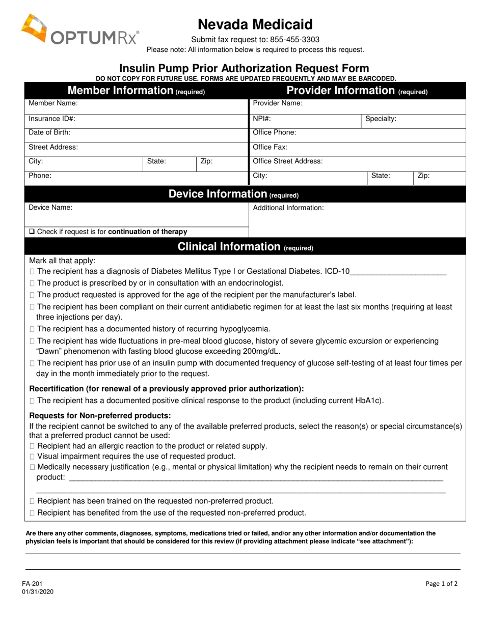 Form FA-201 Insulin Pump Prior Authorization Request Form - Nevada, Page 1