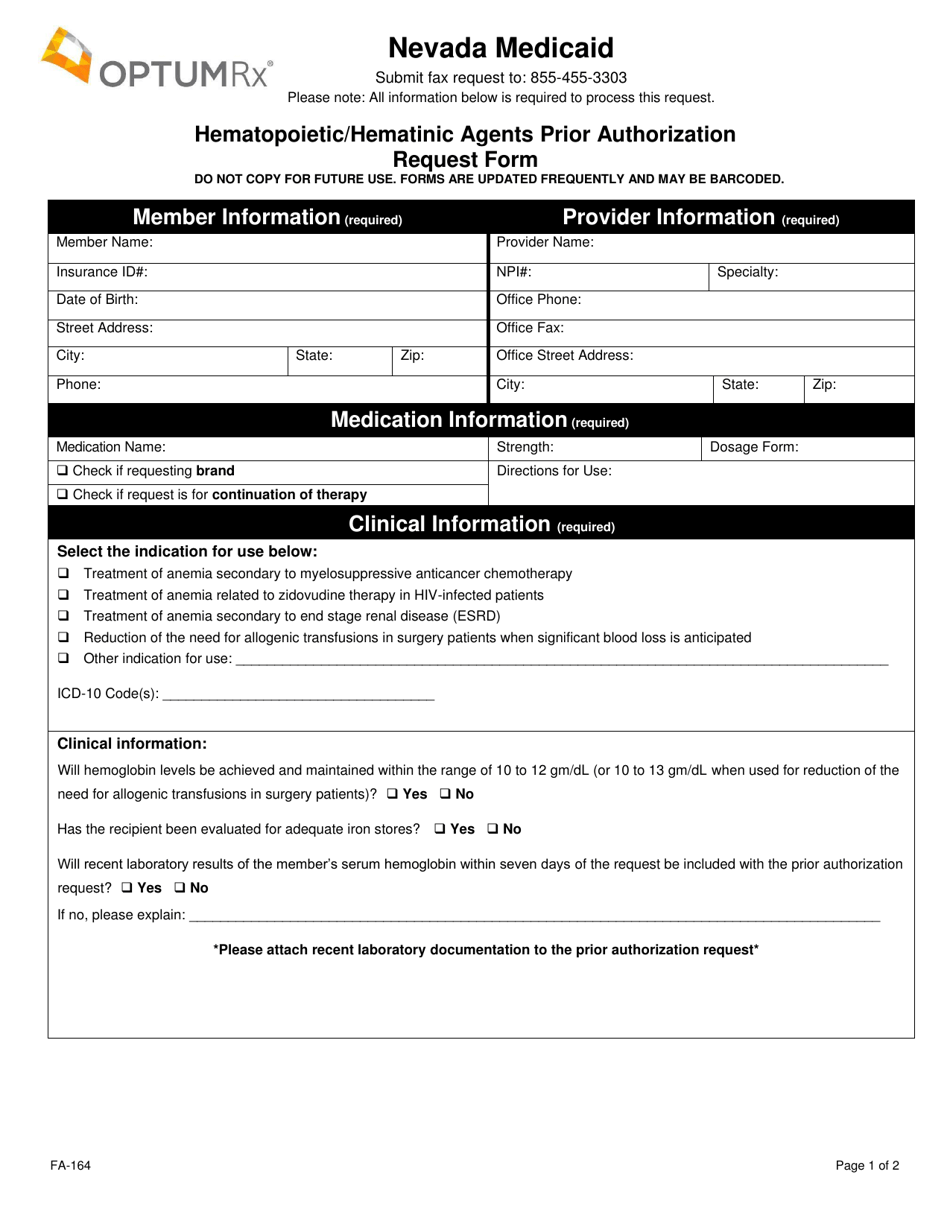 Form FA-164 Hematopoietic / Hematinic Agents Prior Authorization Request Form - Nevada, Page 1
