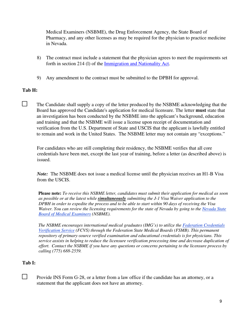 Instructions for Nevada J-1 Physician Visa Waiver Application - Nevada, Page 9