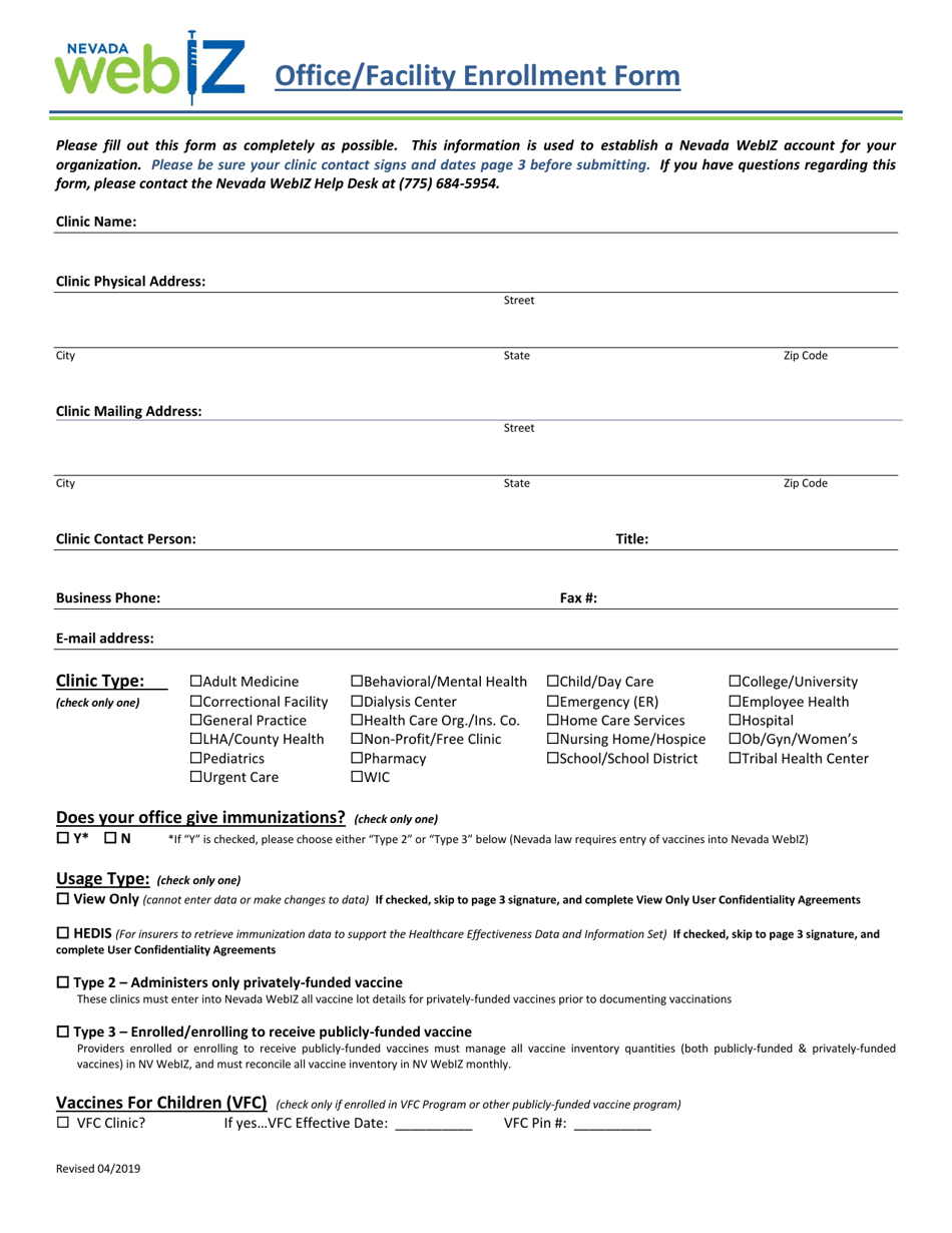 Nevada Webiz Office / Facility Enrollment Form - Nevada, Page 2