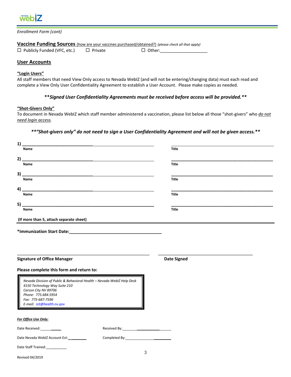 Nevada Webiz Office / Facility Enrollment Form - Nevada, Page 3