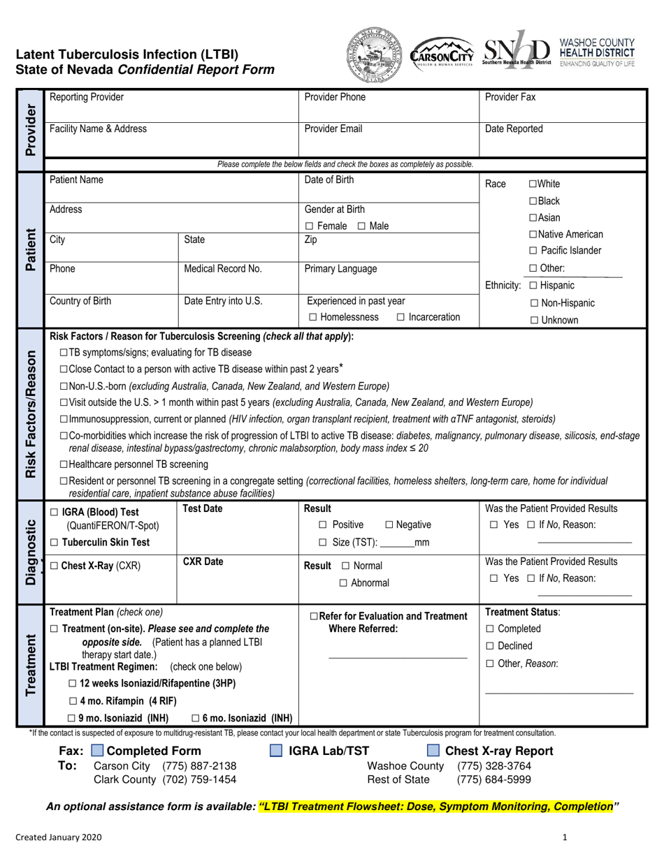 Latent Tuberculosis Infection (Ltbi) Confidential Report Form - Nevada, Page 1
