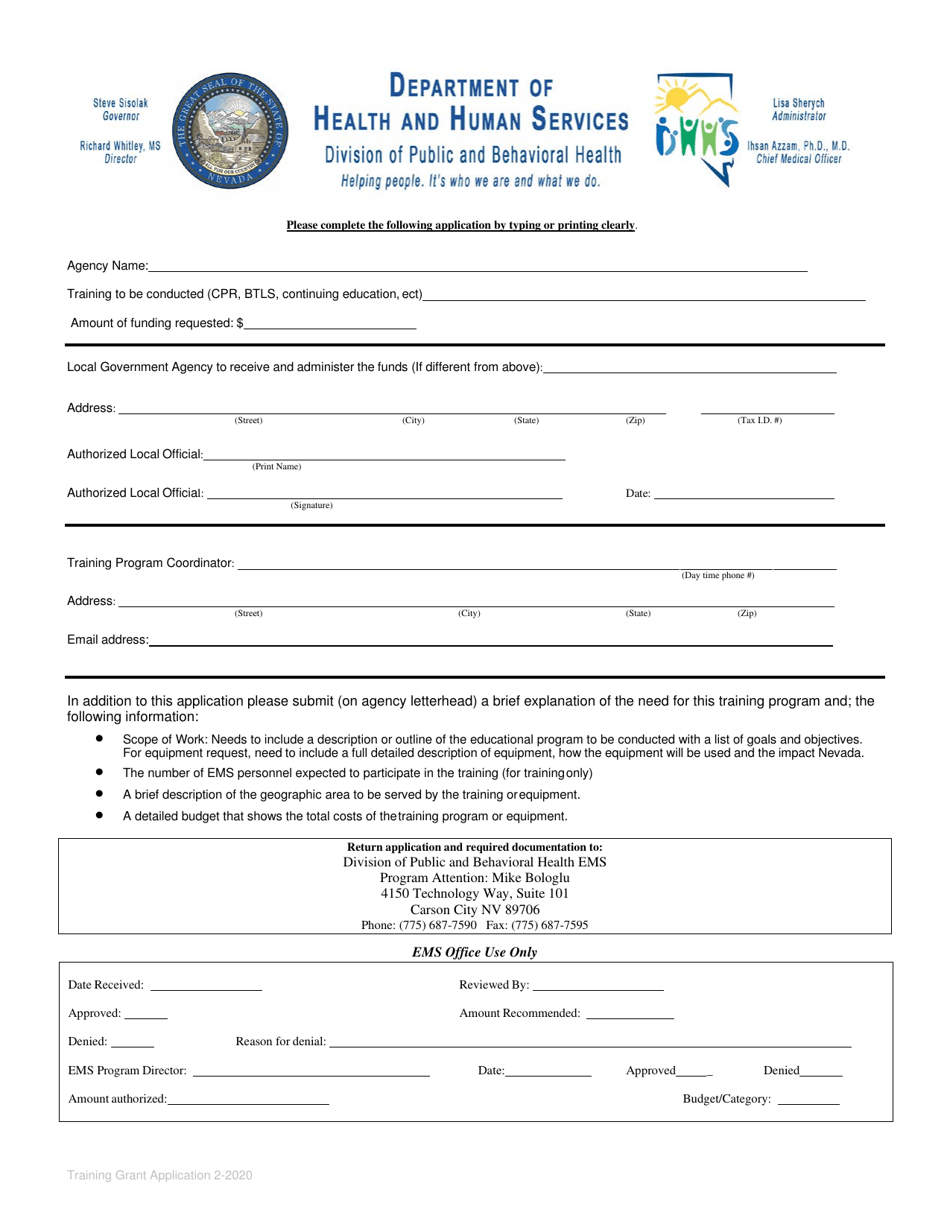 Emergency Medical System (EMS) Training Grant Application - Nevada, Page 1